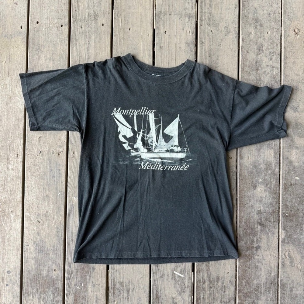 Montpellier Mediterranee Sailing Ship Graphic T-Shirt Vintage Faded Black Tee